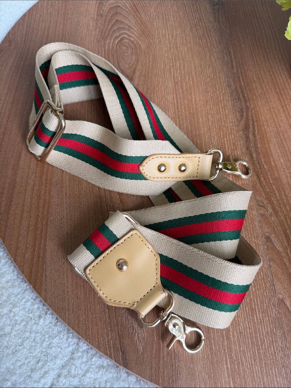 Beige Green Red Stripe Wide Adjustable Crossbody Purse Strap Gold Tone
